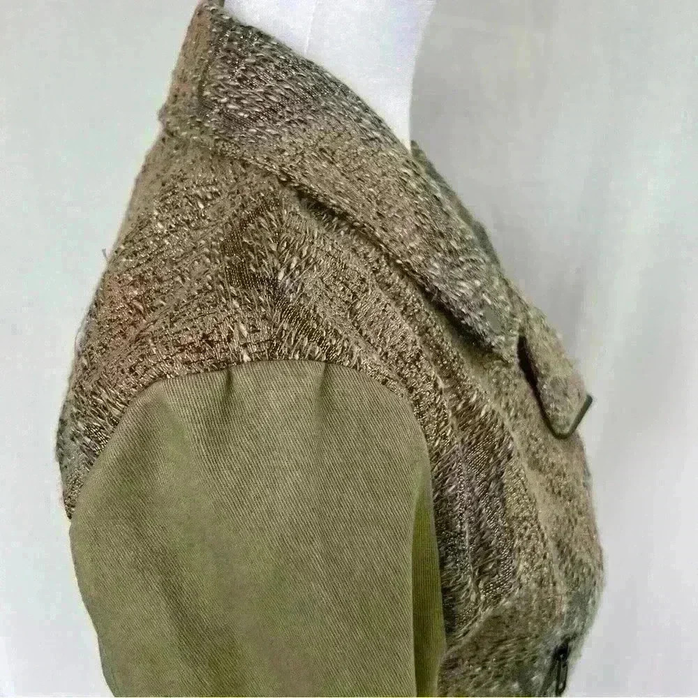 MinkPink olive, tan and metallic lined jacket with zipper detail. - Picture 13 of 16